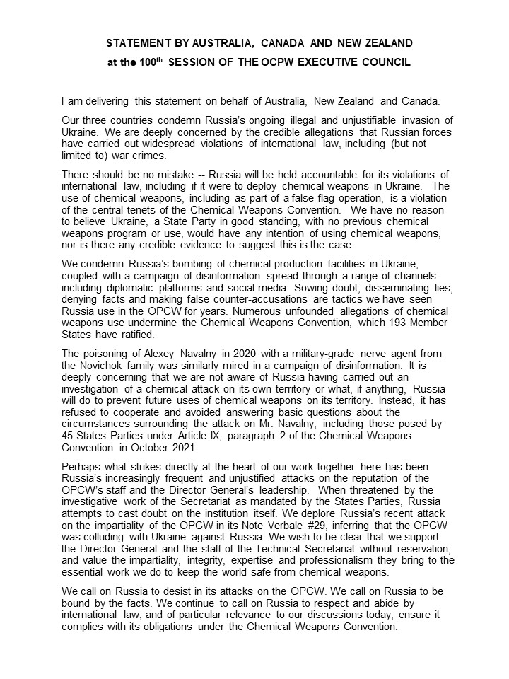 CanadaOPCW's tweet photo. Today, Canada delivered a statement on behalf of Australia, Canada and New Zealand.
#Ukraine #Navalny #OPCW #EC100 https://t.co/vrStoDxsmu