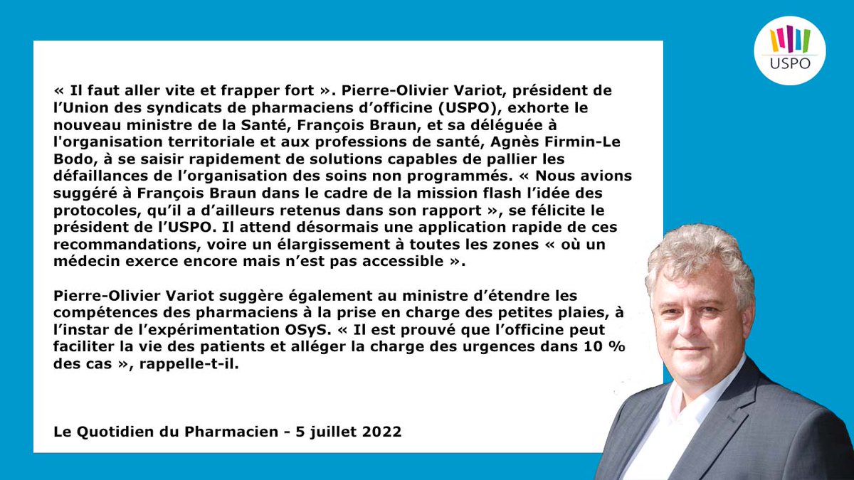 "Il faut frapper vite et fort" et profiter de la nomination du nouveau gouvernement pour impliquer la pharmacie d'officine dans les soins non programmés