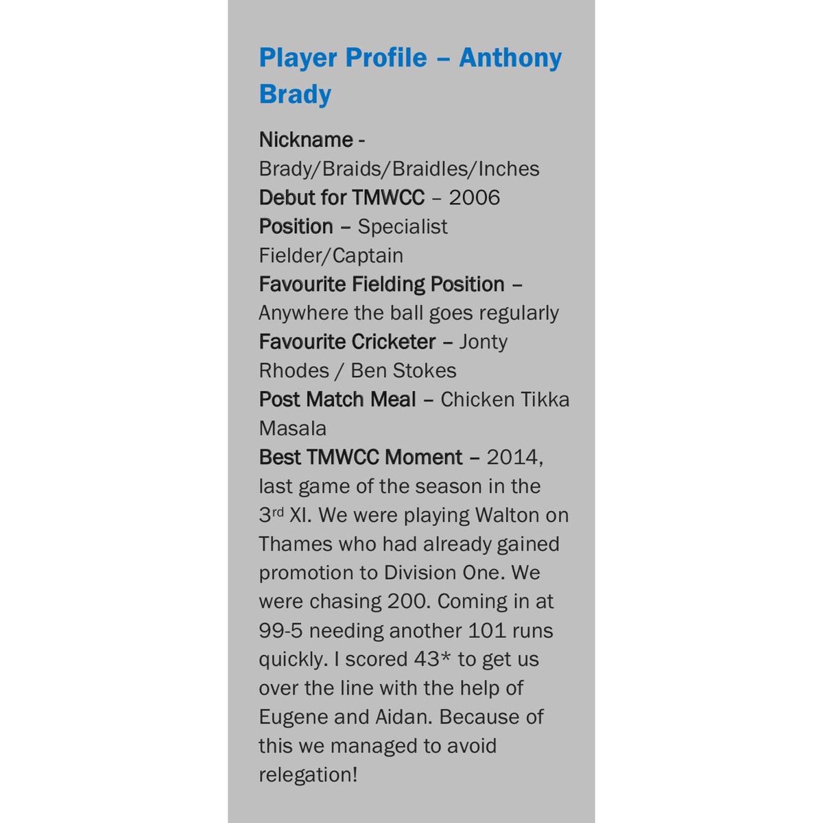 TMWCC's tweet photo. 🚨Player Profile Tuesday🚨

Every Tuesday a new player profile will be released! First up is our club captain Anthony Brady! https://t.co/ca0kuYii6e