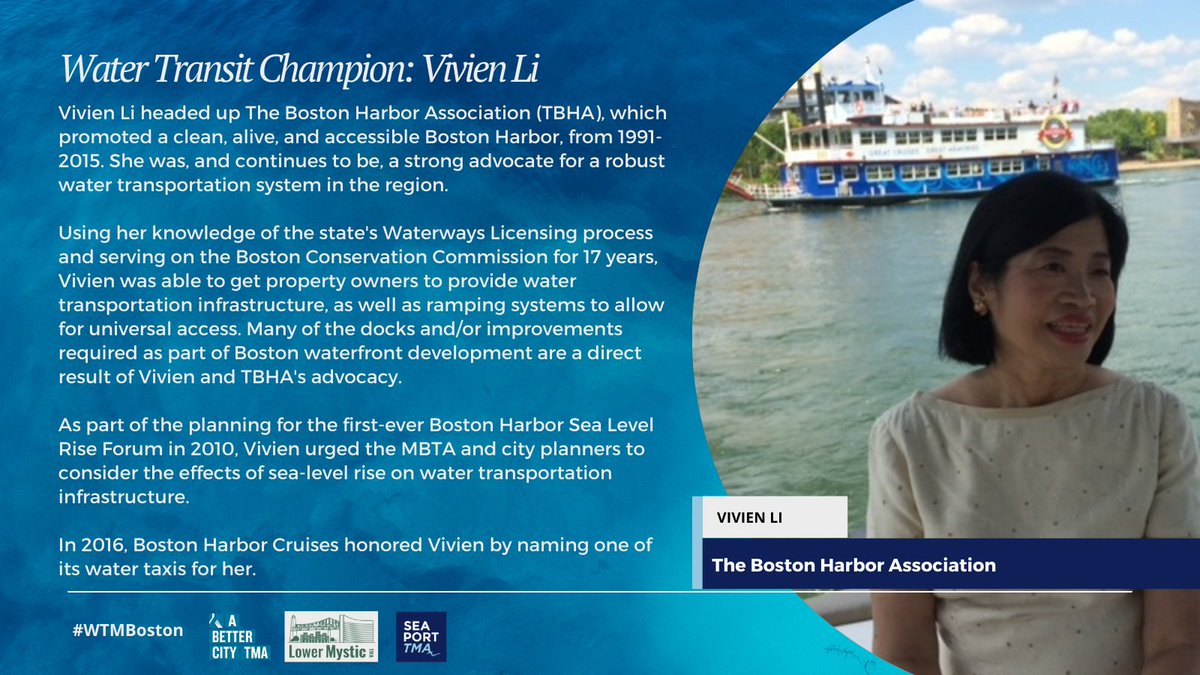 SeaportTMA's tweet photo. All month we will be highlighting Water Transit Champions in the Boston area. Our first Champion is Vivien Li, who has been so instrumental in advocating for water transit and infrastructure improvements that she had a water taxi named after her! Thanks for all you do, @VLiTBHA! https://t.co/CCLbSVjbrC
