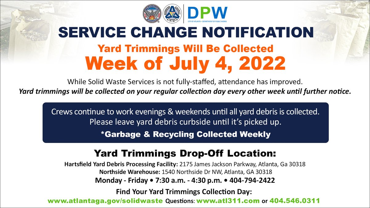 ATLPublicWorks's tweet photo. @CityofAtlanta Don't forget to set your bagged yard trimmings out! 
#ATLPublicWorks #KeepATLBeautiful #BeautifyATL https://t.co/jVcIdlJMk3