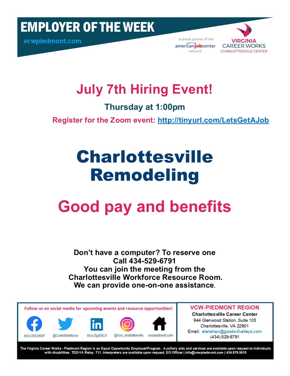 Charlottesville Remodeling will be featured on Thursday, July 7 at 1:00pm. 
Use this link to register- tinyurl.com/LetsGetAJob