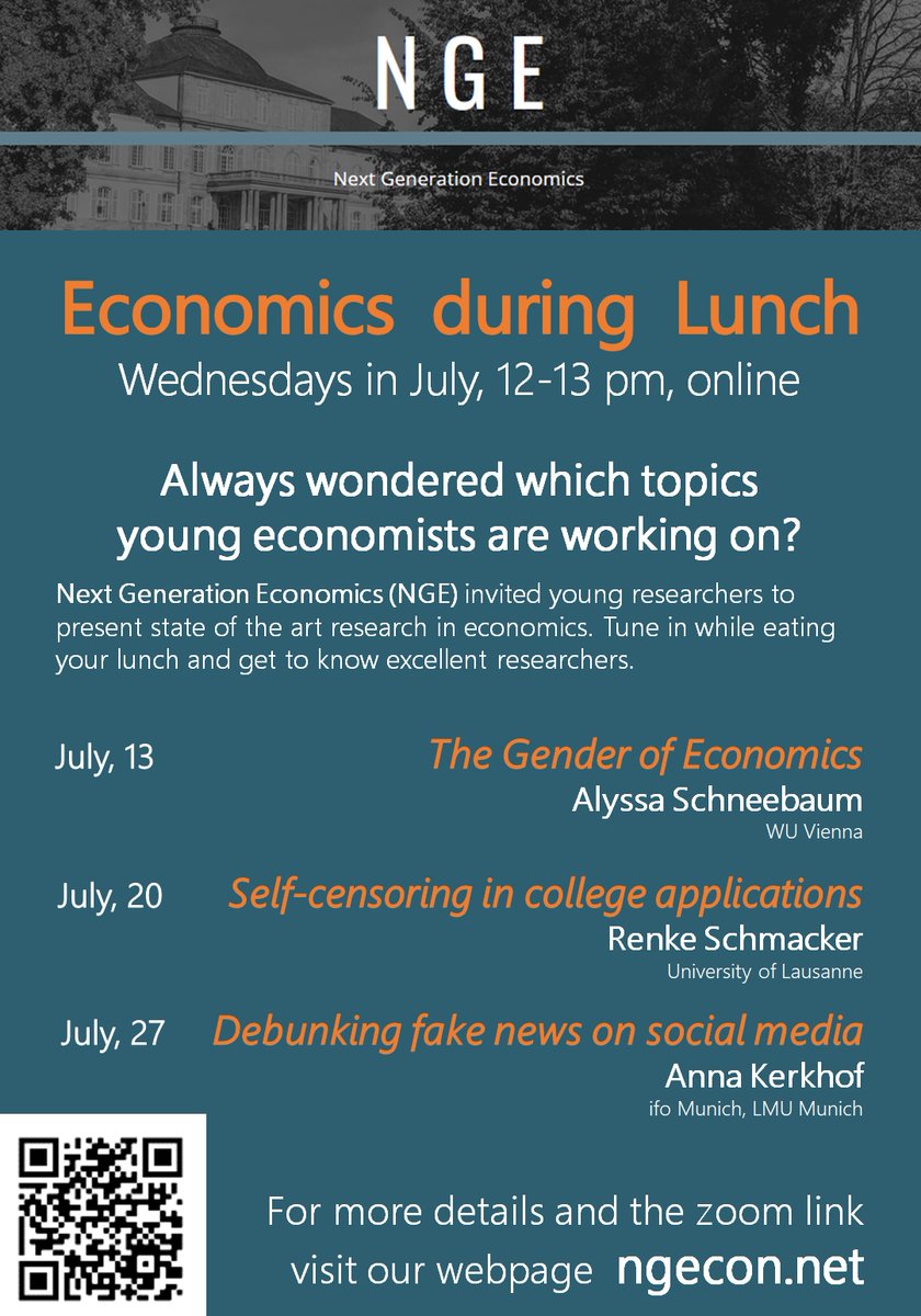 #NGE is back again! We warmly invite you all to our online lunch seminar series in July. Excellent young economists, current research topics &amp; you'll be able to eat your lunch in the meantime.. what do you want more? 🥳 <a href="/DrSnowtree/">Alyssa Schneebaum</a>, <a href="/r_renke/">Renke Schmacker</a> &amp; Anna Kerkhof <a href="/UniHohenheim/">Uni Hohenheim</a>