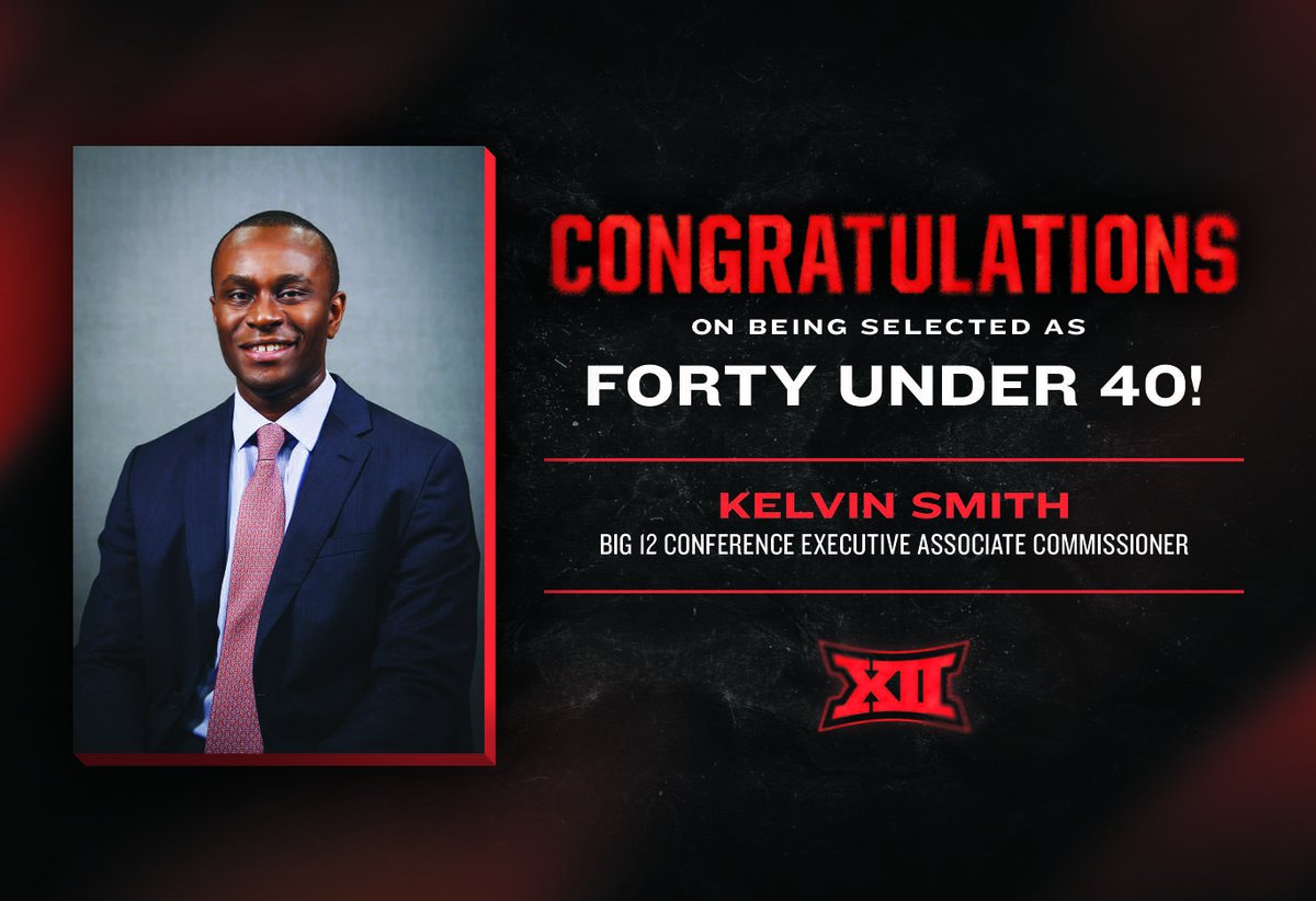 𝐅𝐨𝐫𝐭𝐲 𝐔𝐧𝐝𝐞𝐫 𝟒𝟎 🏅

Congratulations to 𝐊𝐞𝐥𝐯𝐢𝐧 𝐒𝐦𝐢𝐭𝐡, Executive Associate Commissioner - General Counsel, on being named to the 2022 <a href="/SBJ/">Sports Business Journal</a>'s 𝐅𝐨𝐫𝐭𝐲 𝐔𝐧𝐝𝐞𝐫 𝟒𝟎 𝐜𝐥𝐚𝐬𝐬! #SBJ40u40

📰 big12.us/3Rc7oHf