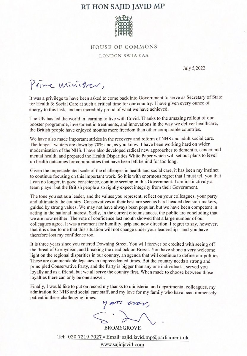 I have spoken to the Prime Minister to tender my resignation as Secretary of State for Health & Social Care. It has been an enormous privilege to serve in this role, but I regret that I can no longer continue in good conscience.