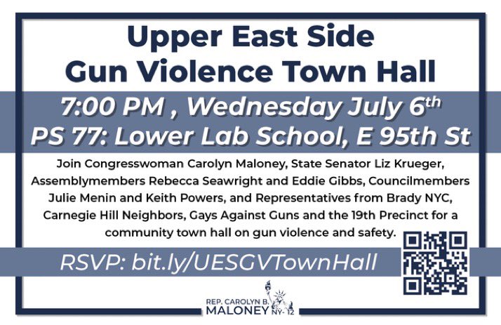 Join Upper East Side elected officials including <a href="/RepMaloney/">Carolyn B. Maloney</a> and me, <a href="/NYPD19Pct/">NYPD 19th Precinct</a>, advocates, and community leaders tomorrow night for a community town hall on gun violence and safety.

🔗 RSVP here: docs.google.com/forms/d/e/1FAI…