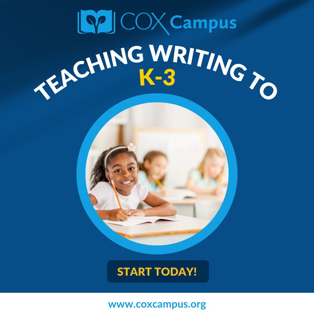 CoxCampus's tweet photo. Our latest IACET-accredited course, Teaching Writing to K-3, is now LIVE! Start this free course today & get access to a research-based framework proven to help students become competent writers: https://t.co/HD4vh2Rvjs. #scienceofreading #teacherpd #teachertraining https://t.co/fHPcwKTzqm