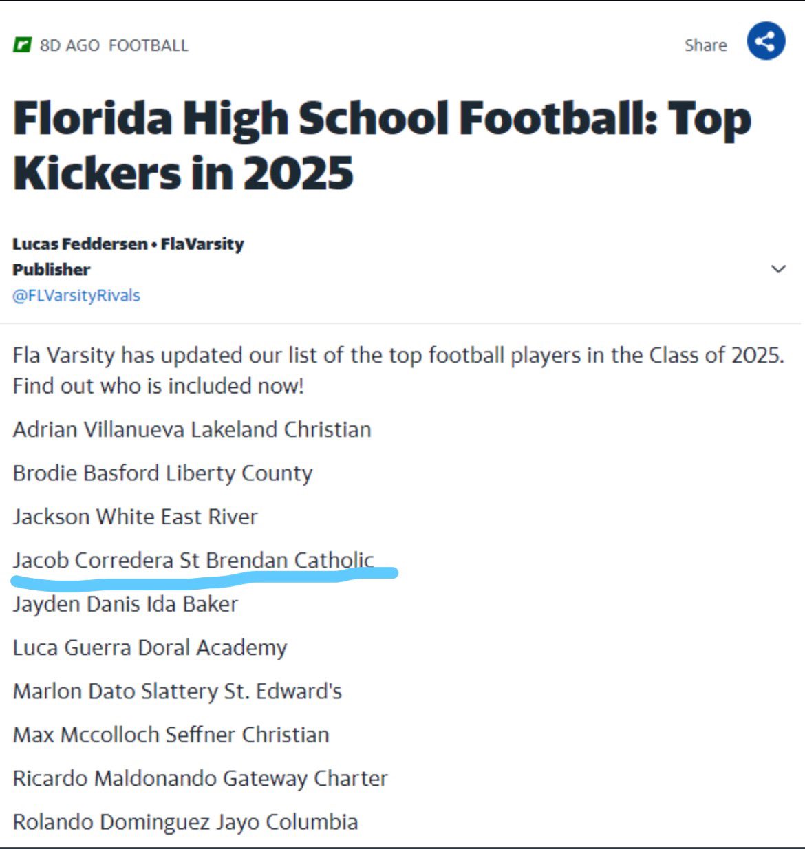 Jacob Corredera on Twitter "Florida High School FootballTop Kickers