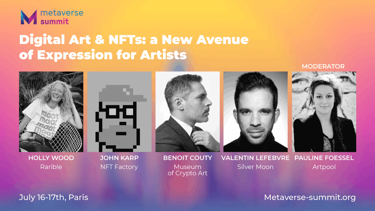 Thrilled to be a speaker at the <a href="/Metaverse_conf/">Metaverse_Summit</a> 
on the 16th of July in #Paris
Talking about "Digital Art &amp; NFTs: a New Avenue of Expression for Artists". 
Sharing the stage with 
<a href="/johnkarp/">John Karp - @NFCsummit mode until June 4/6</a>
<a href="/BnoiitC/">Benoit ⚡️⛓️ Cypherdude #101</a>
<a href="/FoesselPauline/">Pauline Foessel</a>
@HollyWoodNFTs
metaverse-summit.org/sponsor_sessio…