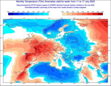 La semaine prochaine s'annonce bien plus chaude que la normale sur l'ouest de l'Europe avec une anomalie thermique significative envisagée par le modèle européen. La suivante devrait également l'être. Continuité dans une chaleur persistante depuis plus de 2 mois. 