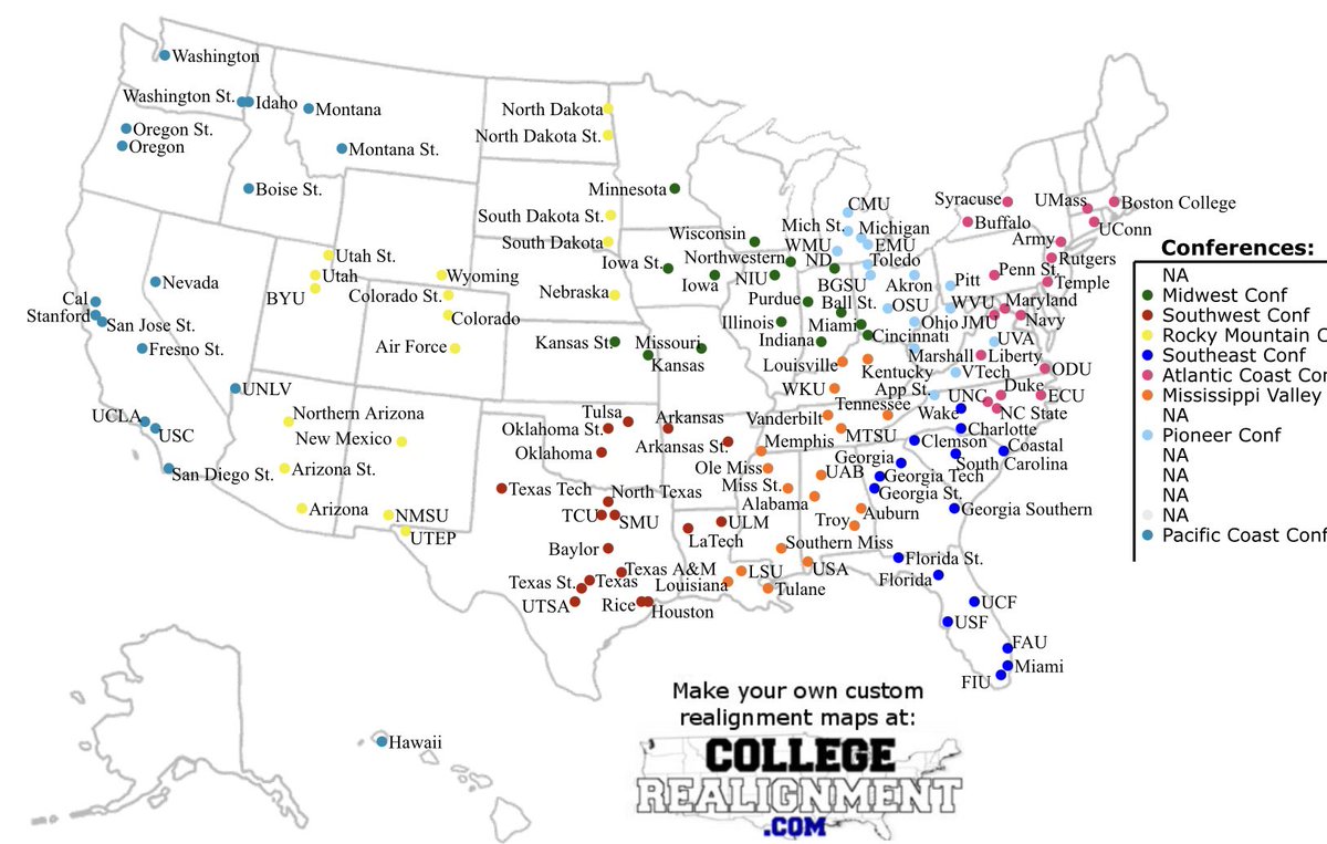 ThrowBackFrog's tweet image. With all these new maps &amp;amp; talks of realignment going around, let’s take a moment to dream about if we had 8 conferences arranged by geography/history🤔😍

@CollegeRealign