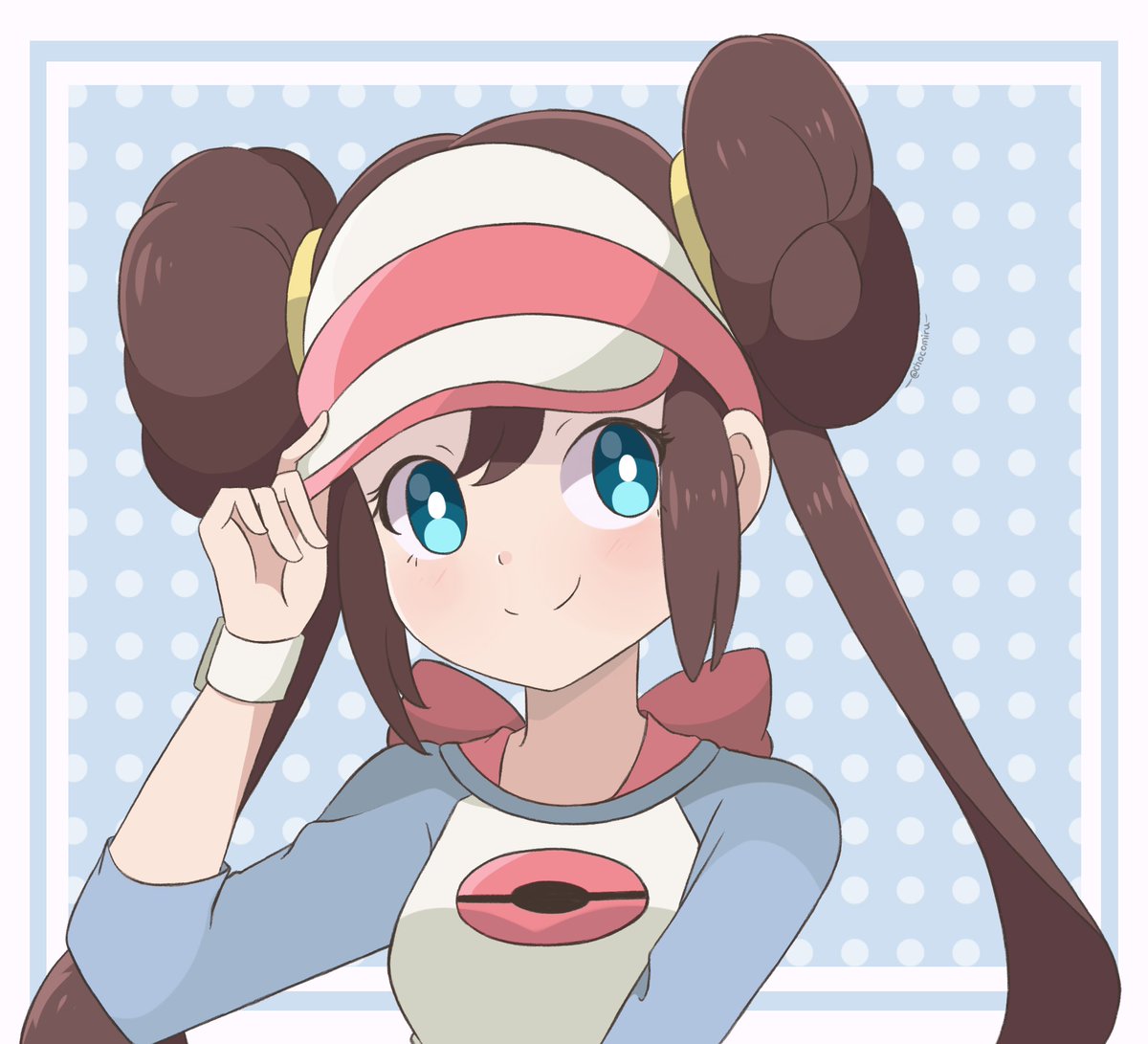 rosa (pokemon) 1girl solo smile brown hair visor cap twintails double bun  illustration images