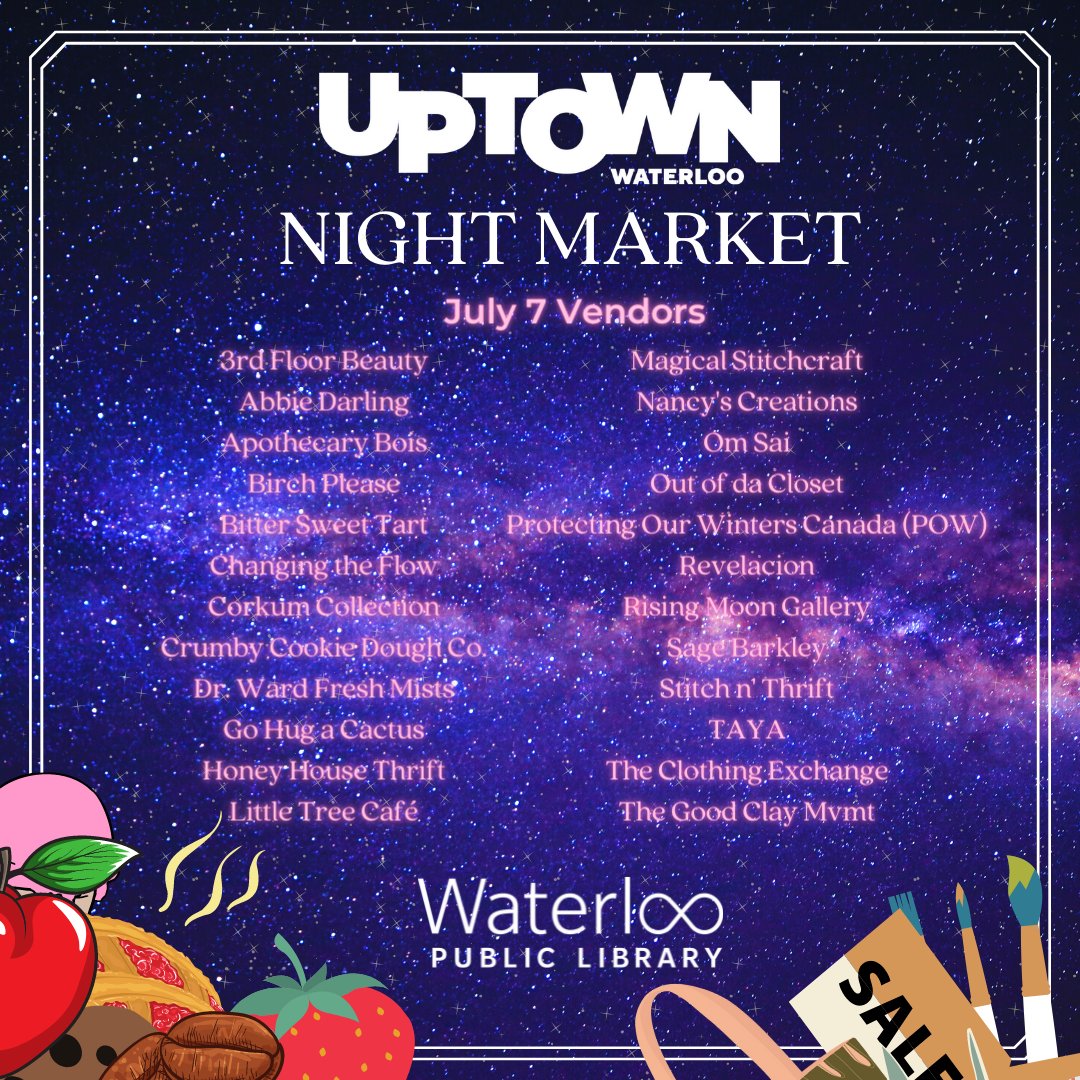 THIS THURSDAY! We're beyond excited to bring back the Night Market! We'll be in the Upper lot of <a href="/WaterlooLibrary/">Waterloo Public Library</a> (Main Branch) this Thursday (and every Thursday July-August) 7PM-10PM with an amazing roster of vendors and SO much more! uptownwaterloobia.com/night-market