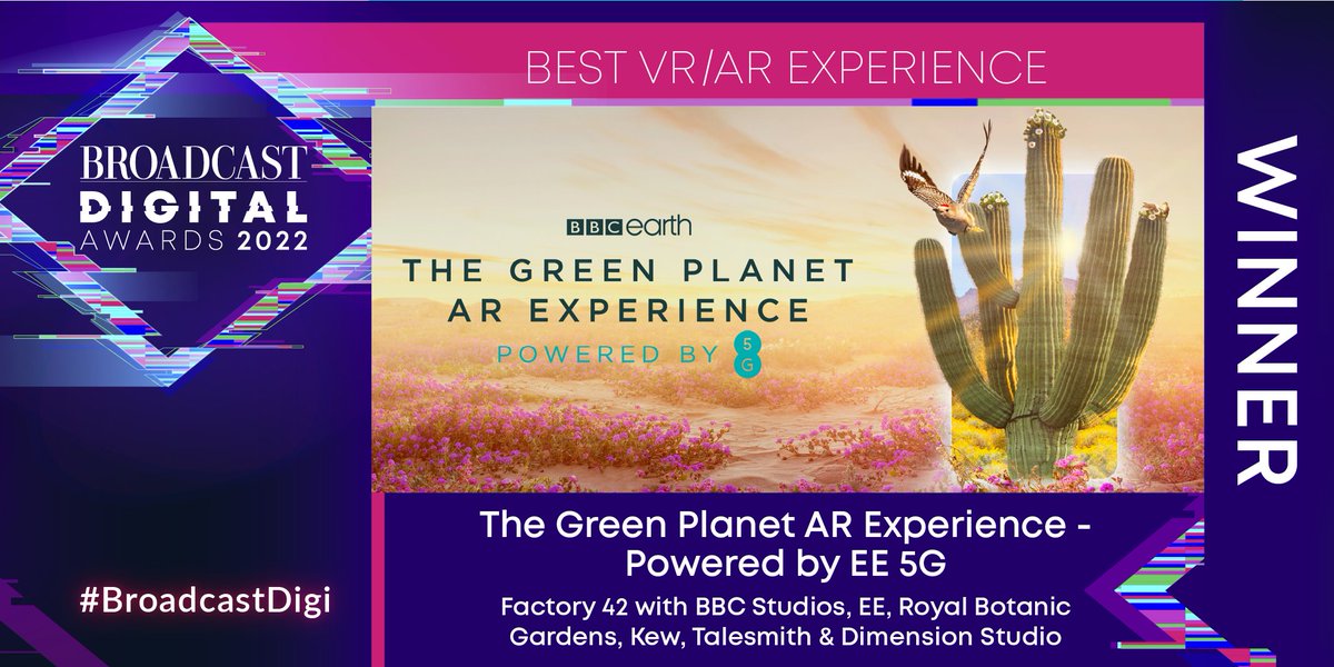 Onto the award for Best VR/AR Experience, and the winner is The Green Planet AR Experience - Powered by EE 5G, @factoryforty2 with <a href="/bbcstudios/">BBC Studios</a>, <a href="/EE/">EE</a>, Royal Botanic Gardens at <a href="/kewgardens/">KewGardens</a>, <a href="/dimensionstudio/">Dimension Studio</a> and @Talesmithtv #BDA2022