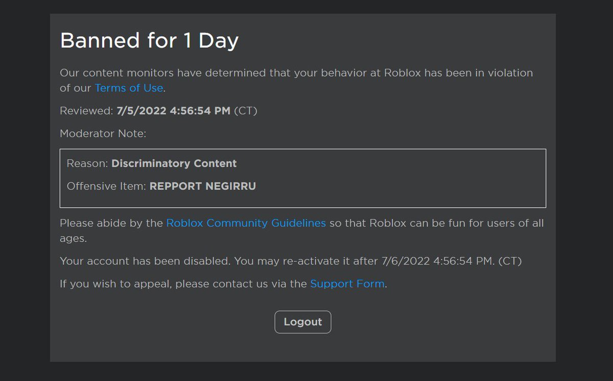 Adam74710's tweet photo. I just got a ban for writing the nickname of the player who was exploiting @RobloxBans @Roblox @Roblox_RTC #Roblox https://t.co/HLHfCrcX8N