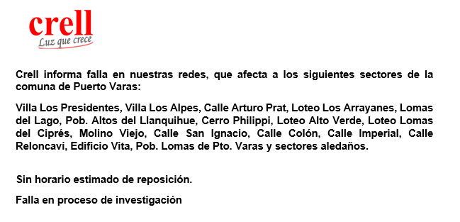 Crell_Empresas's tweet photo. Informamos fallan en nuestras redes, en los siguientes sectores de la comuna de Puerto Varas: https://t.co/jhI0Hzqm40