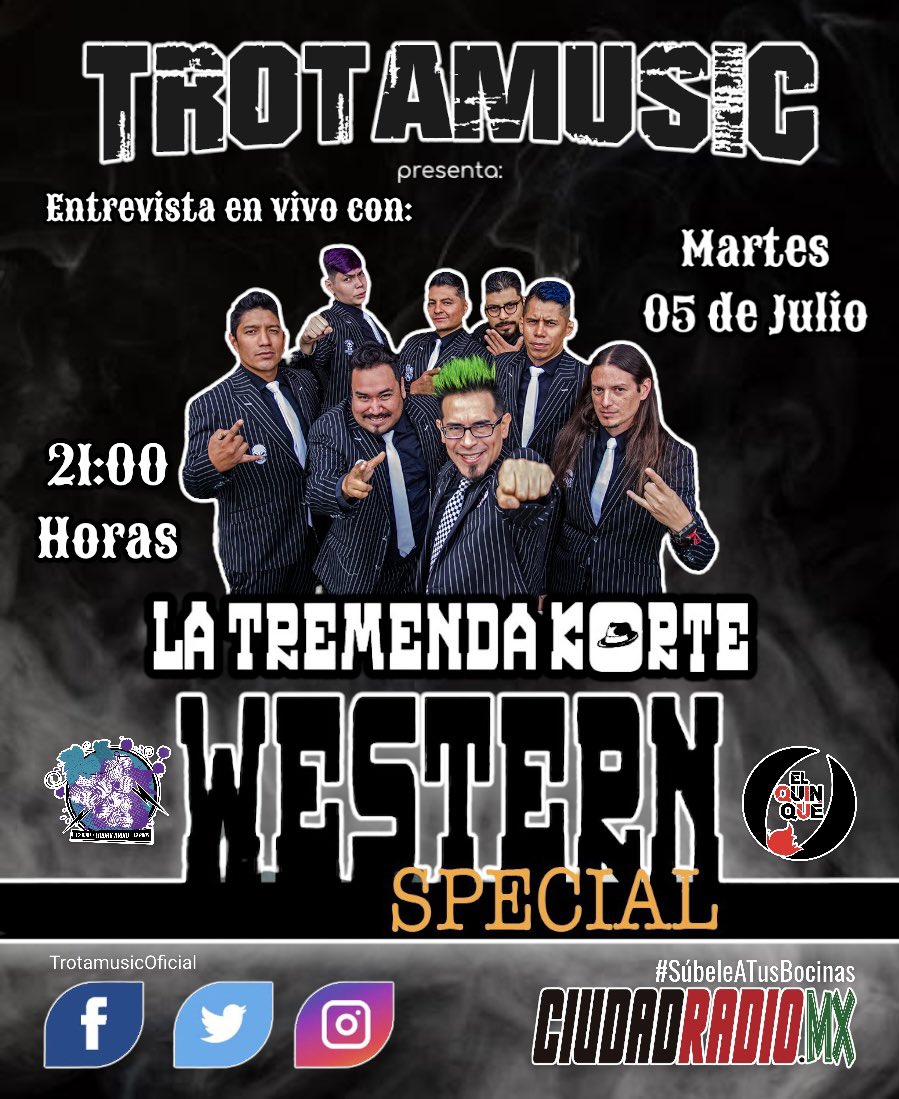 Hoy en <a href="/TROTAMUSIC/">Trotamusic Oficial</a> <a href="/LATREMENDAKORTE/">LA TREMENDA KORTE</a> en entrevista! 21:00 horas