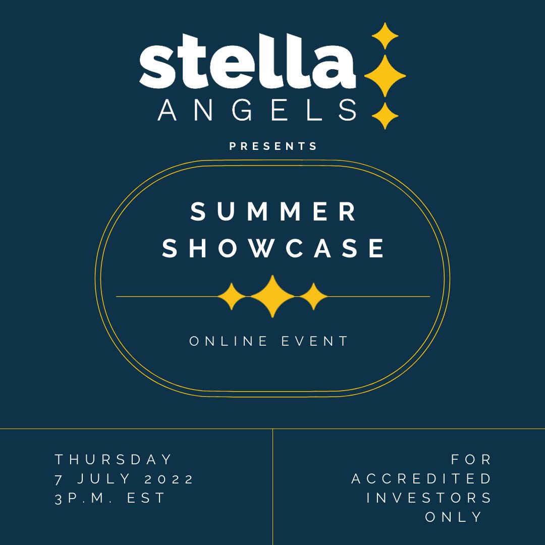 On July 7, Stella Angels will be hosting their Summer Showcase.

4 founders, <a href="/SunnyPeriod/">Sunny</a>, Rent-a-Romper, @QuirkChat, and <a href="/DiaMLife/">Diam Life</a>, will be introduced to our angel investors in an effort to gain access to capital.

#StellaAngels #femalefounders #investinginwomen #femalefounders