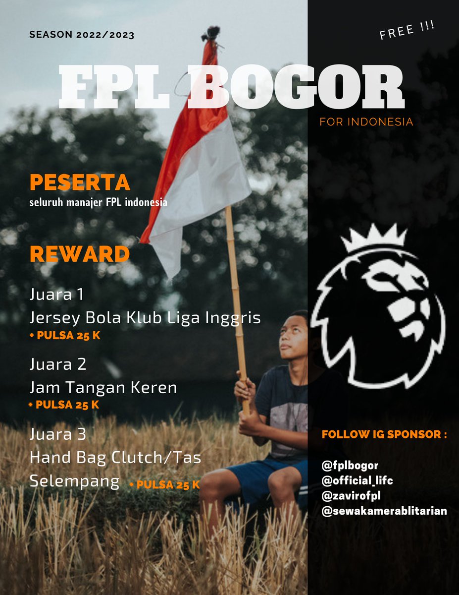 Halo para manager FPL Indonesia..

Ada yg baru nih..Liga FPL Bogor For Indonesia !!!
Liga bebas untuk semua manajer FPL untuk Indonesia jadi bukan hanya untuk Bogor saja ya. 

Caranya gampang banget :
Follow 4 akun instagram sponsor diatas :
