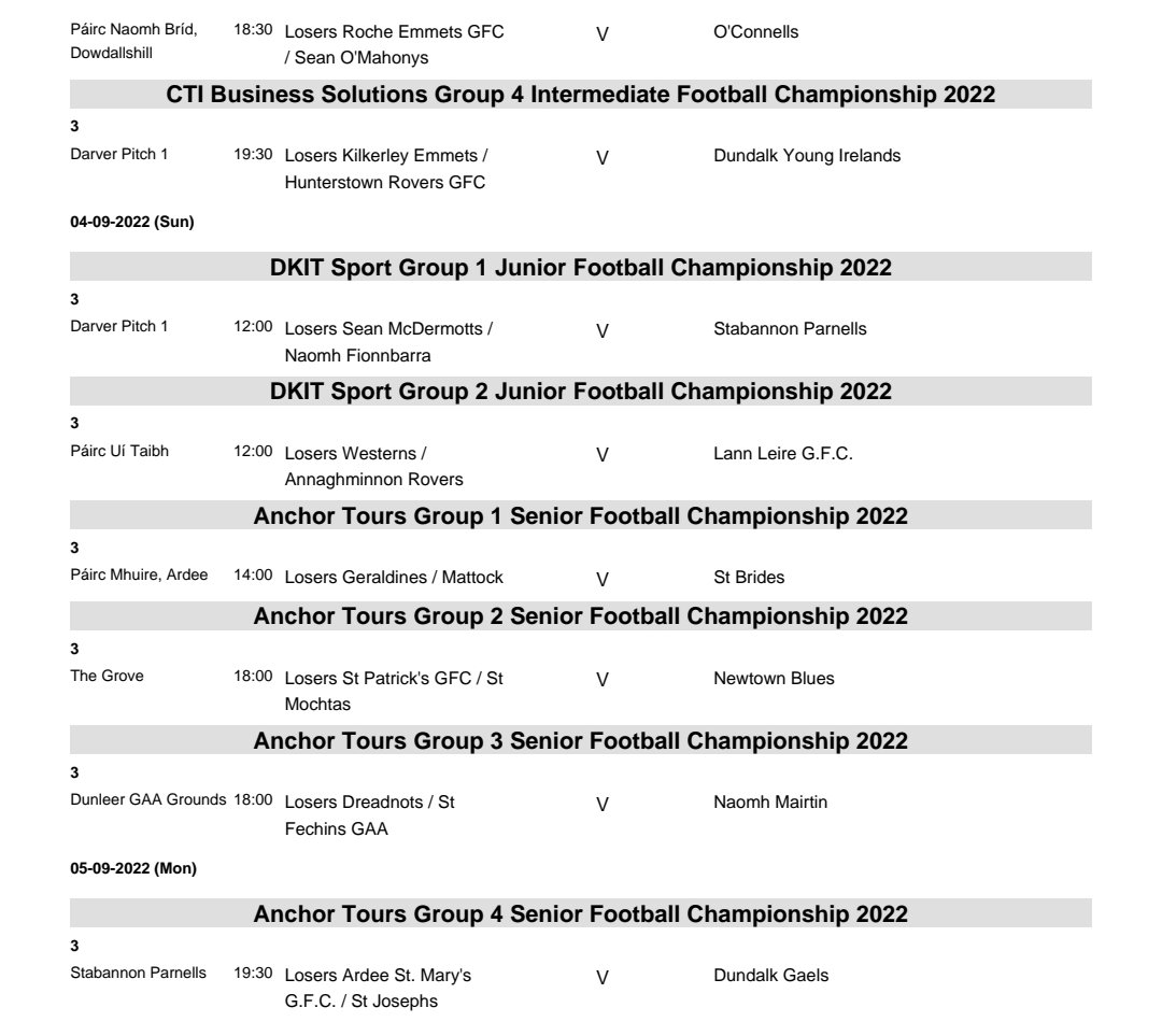 **Louth GAA Club Championships 2022**

Find below fixtures, dates, times and venues for the Anchor Tours SFC, CTI Business Solutions IFC and the DkIT Sport JFC 2022 🔴⚪️

#Championship22 l #WeeAreOurClub