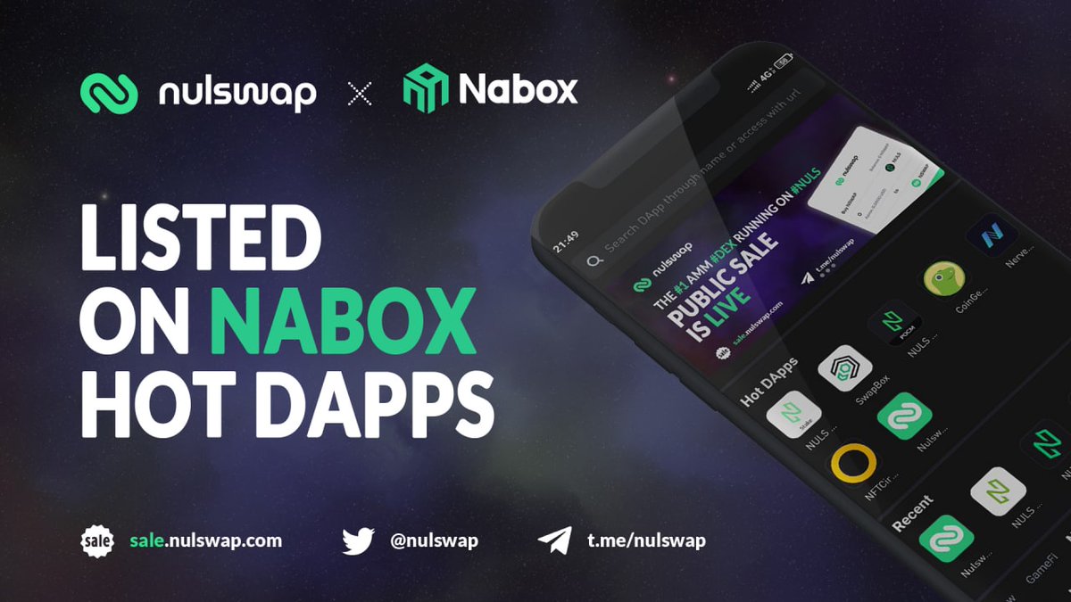 nulswap's tweet photo. 📢 One more goal accomplished 📢

We are now available on #Nabox in the Hot Dapps section 🔥

Enjoy the ride and be #Nulswap 🌟

#NULS #DeFi #Blockchain #crypto https://t.co/YEHNBsswCd