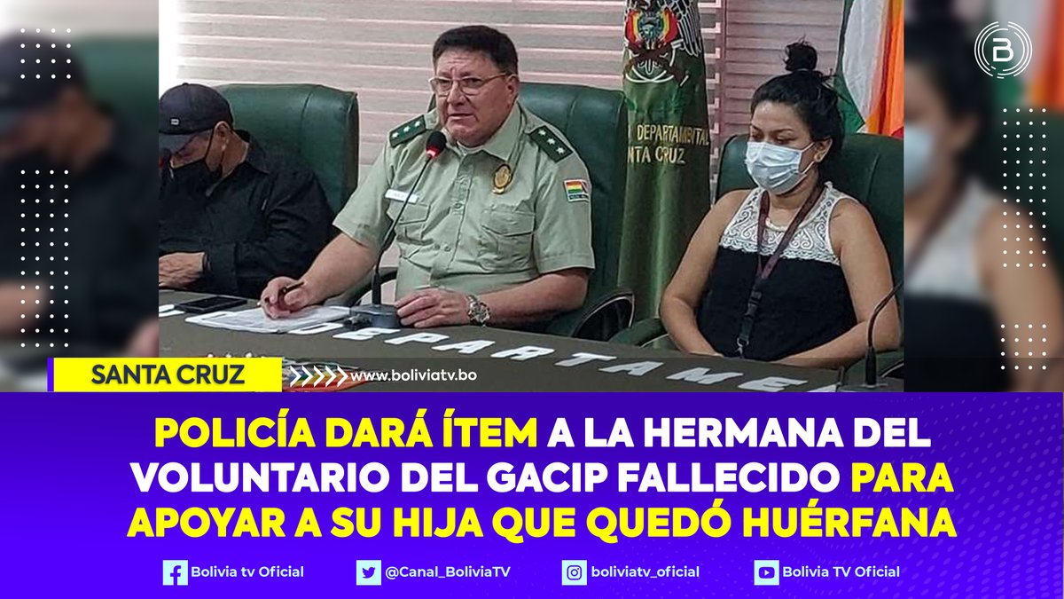 Canal_BoliviaTV's tweet photo. #BTVMultimedia
El comandante de la Policía en #SantaCruz, Erik Holguín, anunció que se entregará un ítem a un familiar de David Candia, voluntario del #GACIP asesinado en #Porongo, con el fin de no dejar desamparada a su familia. https://t.co/7C33v3M12B