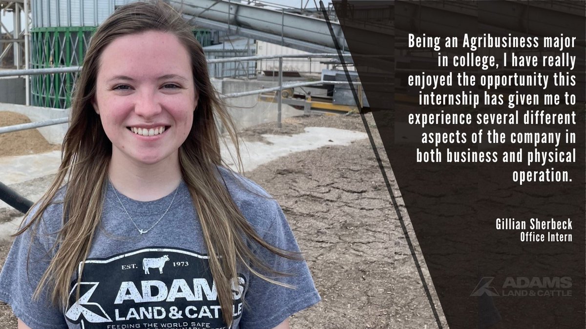 AdamsCattle's tweet photo. Meet one of our #AdamsInterns...Gillian Sherbeck, from
@UNKearney! Gillian has had the opportunity to work with the Cattle Procurement, Accounting/Scale, and Organizational Development teams! Take a look at what she enjoys most about her #internship. https://t.co/5ClhyureQD