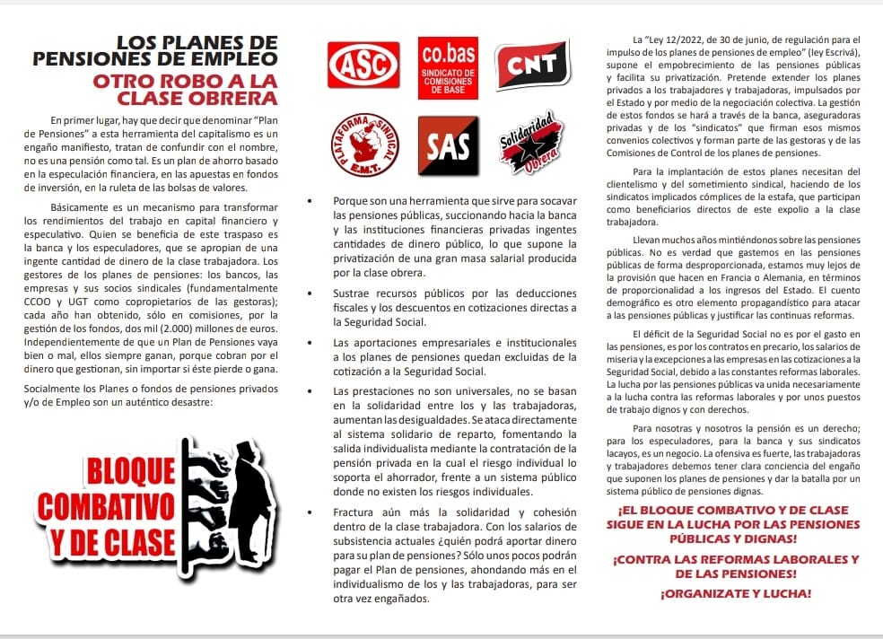 CombativoBloque's tweet photo. Los Planes de Pensiones de Empleo, PPE, otro robo a la clase obrera. Bloque Combativo y de Clase (05/07/2022).
‼️CONTRA LAS REFORMAS LABORALES Y DE LAS PENSIONES‼️
https://t.co/2MRexlbJLW https://t.co/ODCN359Ro8