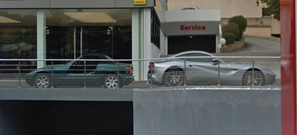 Cars_SV's tweet photo. This Ferrari 599 GTB is beautiful, and so is the FF next to it, but the real star of this location is hiding in the background. Outside this Ferrari dealership, behind the grey F12 is a green BMW Z1, with the doors down.

Cannes, France - May 2016 #StreetViewCars #SV_Supercars https://t.co/kBV9yL1Rls
