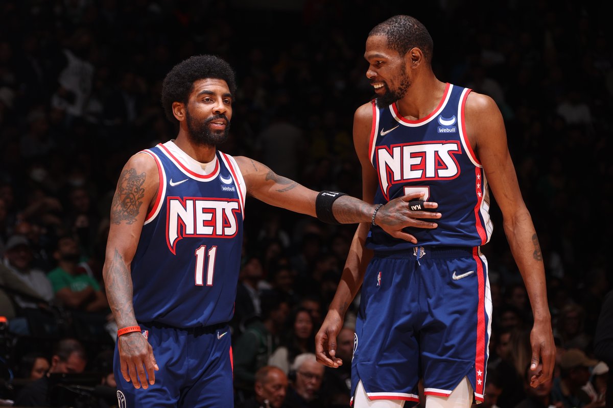 BleacherReport's tweet photo. The Nets are operating under the possibility Kyrie Irving and Kevin Durant could be on the roster opening night, @ShamsCharania tells @PatMcAfeeShow

They will not move KD until "the price is met" https://t.co/6xsxUEEFNa