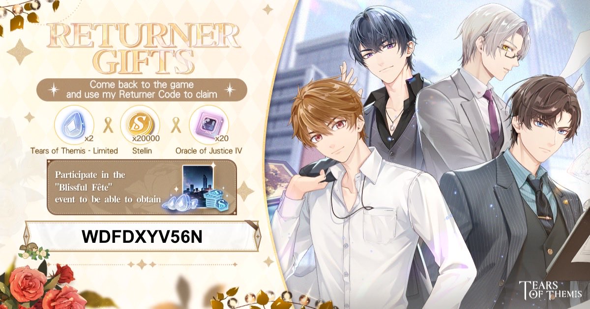 if anyone wants a returner code! #TearsOfThemis #TearsOfThemisAnniversary Download link:app.adjust.com/4b9aoht
