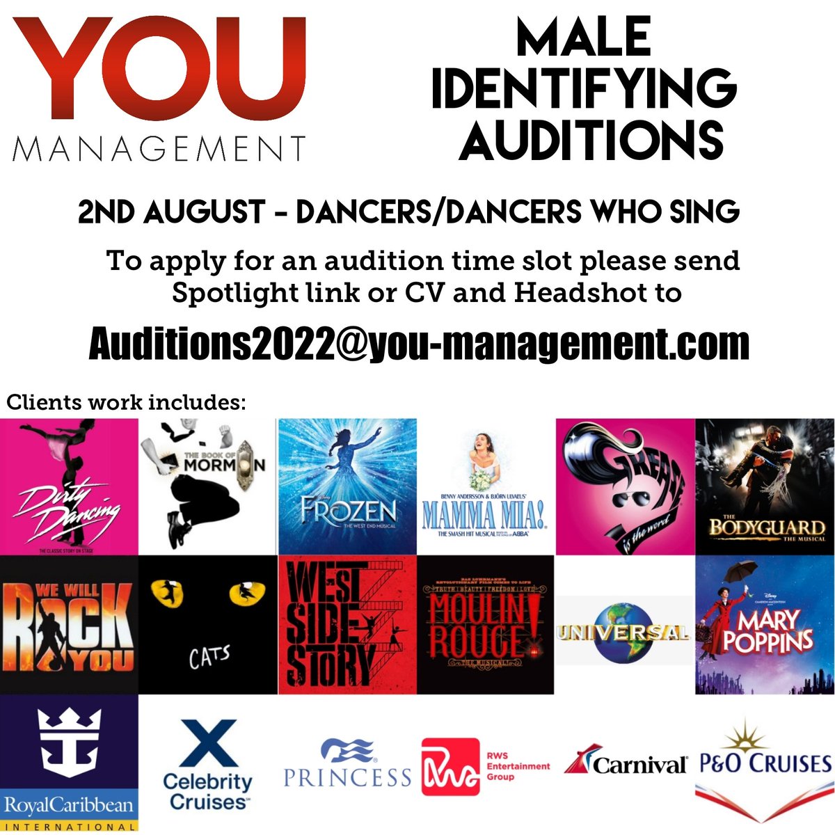 YOU Management Ltd. (@youmanagement) on Twitter photo 2022 Auditions for Male Identifying Dancers & Dancers who sing.
To apply for an audition time slot please send Spotlight link or CV and Headshot to auditions2022@you-management.com
#YOUmanagement #dowhatYOU⤠#onlyatYOU 2022 Auditions for Male Identifying Dancers & Dancers who sing.
To apply for an audition time slot please send Spotlight link or CV and Headshot to auditions2022@you-management.com
#YOUmanagement #dowhatYOU⤠#onlyatYOU