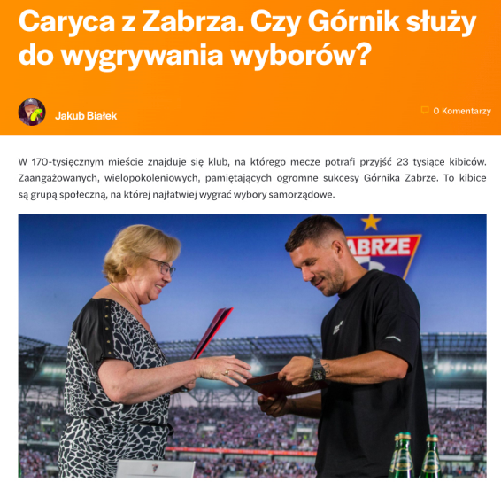 Kilka dni pracy. Dziesiątki rozmów.

Wszystko po to, by wyczerpująco odpowiedzieć na pytanie: czy relacje Górnika Zabrze z miastem są patologiczne?

I czy Górnik to najpotężniejszy oręż Małgorzaty Mańki-Szulik do wygrywania wyborów? 

Publikacja jutro na <a href="/WeszloCom/">Weszło!</a>.