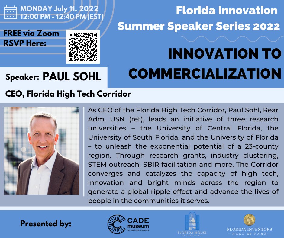 FloridaHighTech's tweet photo. Join us next week for the Florida Innovation Speaker Series 2022: Innovation to Commercialization. Our CEO Paul Sohl is kicking things off with a discussion about "Integrating Innovation." https://t.co/YnEWvrKE5Y  #FloridaInnovation #FloridaInvents #FloridaHighTech #FLHighTech https://t.co/3XPHa23Q50