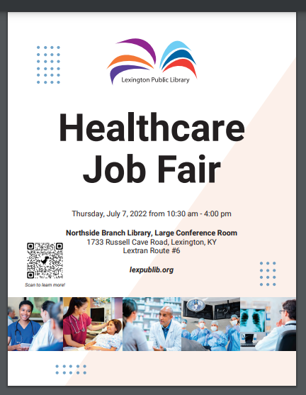 TransyCAPE's tweet image. HEALTHCARE JOB FAIR! 
On Thursday, July 7, 2022, the LPL will host an onsite Job Fair featuring healthcare providers.  The job fair will be held from 10:30am-4:00pm Northside Branch Library, 1733 Russell Cave Road. For more information, please email workforce@lexpublib.org