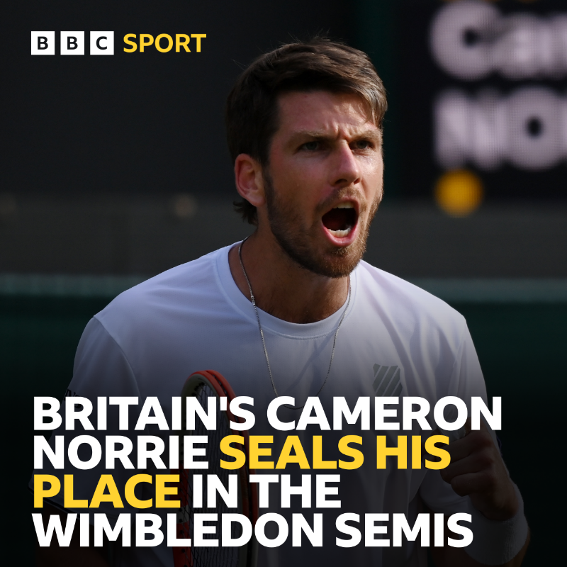 BBCSport's tweet photo. He's done it! 🙌👏

Cameron Norrie becomes the first British men's semi-finalist since Andy Murray in 2016. 

#BBCTennis #Wimbledon