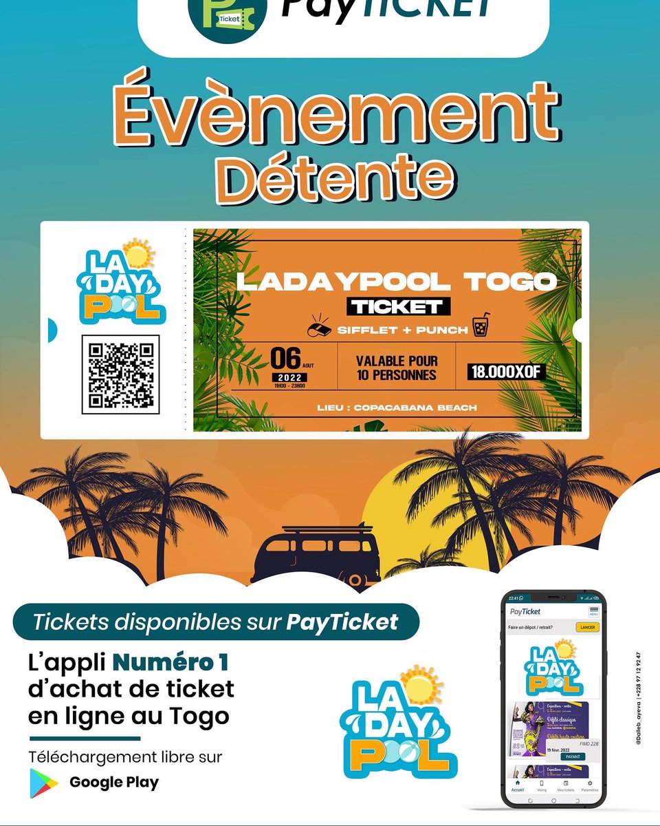 Ladaypool2's tweet photo. PARTENAIRE sur différents grands événements de Lomé, et moyens d'acquisition facile et économique en temps et déplacement.
PAYTICKET est une plateforme de vente de ticket en ligne avec pleins d'autres avantages.
PAYTICKET à donc le privilège de vous annoncer la billetterie online https://t.co/GKDaDjrI3d