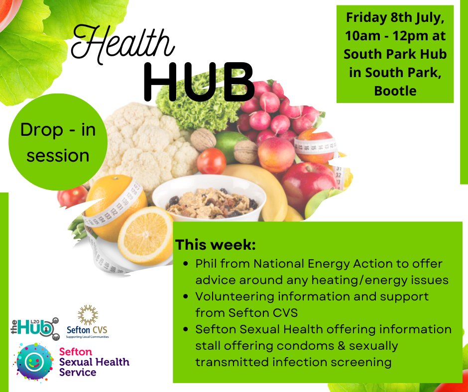 🥗 #HEALTHHUB 🥗 Fri 8th July, 10-12pm This week we have: #SeftonCVS to offer advice & support with volunteering. #SeftonSexualHealth for sexual health advice. #NationalEnergyAction to offer energy saving advice. No need to book, just turn up! #healthiswealth #bootlecommunity