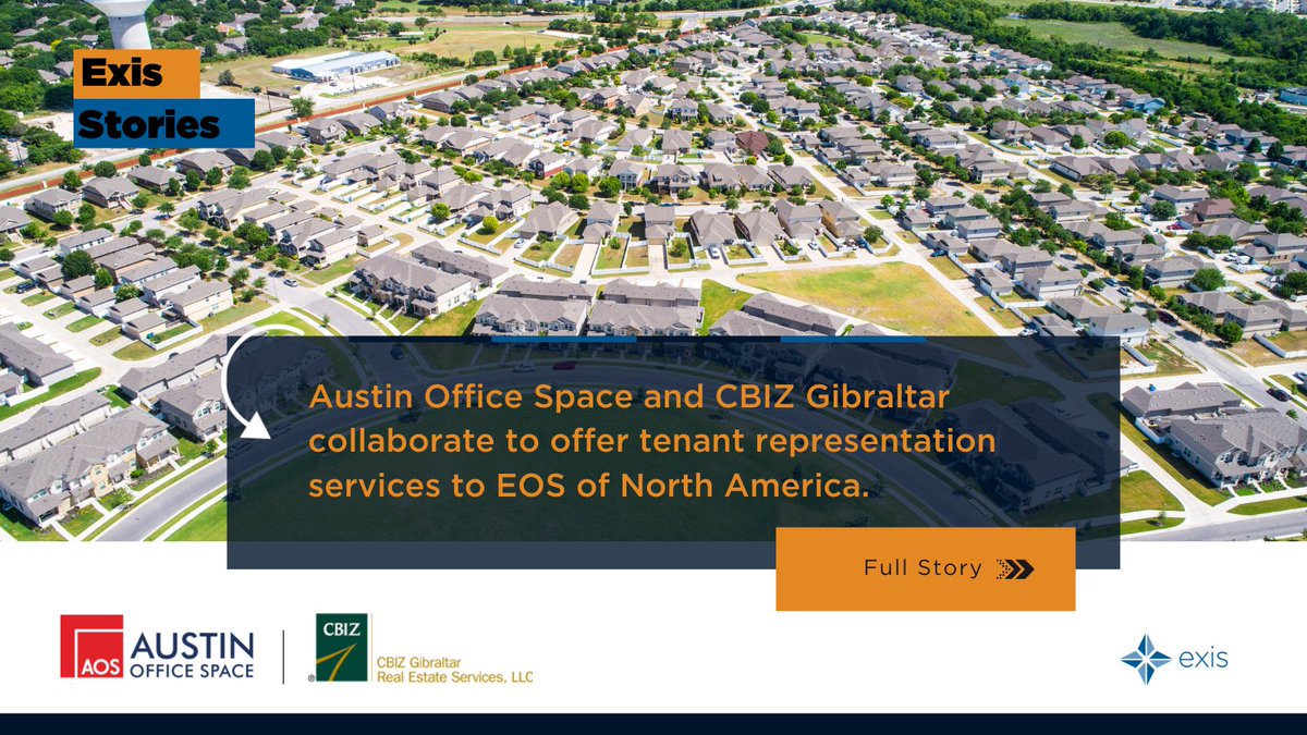 Exis partners, <a href="/AOS_OfficeSpace/">Austin Office Space</a> &amp; <a href="/CBIZGibraltar/">CBIZ Gibraltar</a> collaborated to offer EOS tenant rep services. As brokers solely focused on the tenant, they were in a unique position to assist EOS in evaluating different options in a competitive market. Read more here: bit.ly/3bFDL0L