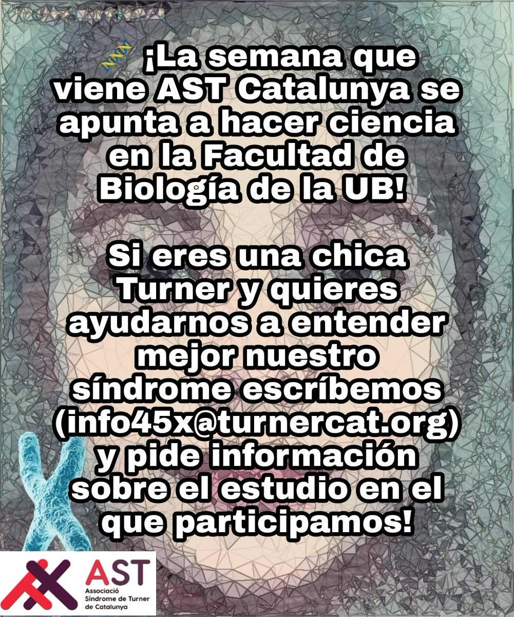 astturnercat's tweet photo. Has tingut mai l'oportunitat de formar part, de manera activa, en un estudi científic? 🔬 Si ets una noia Turner i vius a Catalunya ajuda'ns a comprendre una mica millor la teva síndrome. 
Si vols saber més escriu a 📧 info45x@turnercat.org https://t.co/4b774XLXpz