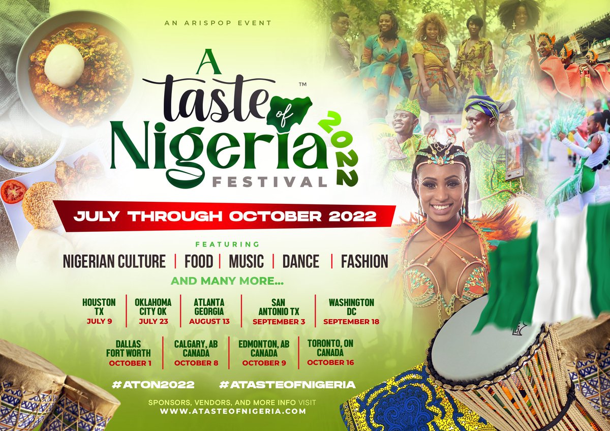 peggylemon's tweet photo. Reserve your vendor booth today!

A Taste of Nigeria  Festival 2022

Vendor Pricing
Information/Non Profit - $100
Merchandise Booth - $200
Nigerian Food Booth - $300

Click Link below for your city
https://t.co/OrIwgBq1uI

See vendor form at https://t.co/NuNmjyHNDh https://t.co/RGMdPLjVMM