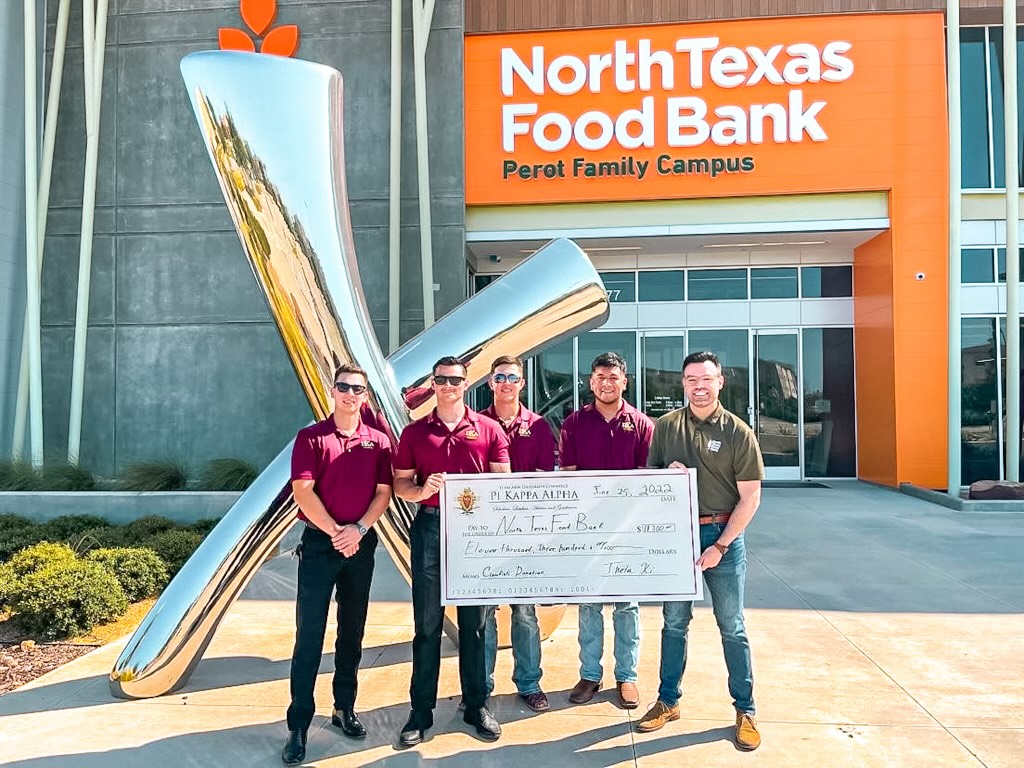 The Theta Xi chapter of Pi Kappa Alpha at #TAMUC recently donated $11,300 to the North Texas Food Bank with proceeds from the chapter's 25th annual Crawfish Festival. In the last two years, the chapter has raised enough money to supply 60,900 meals through the NTFB.