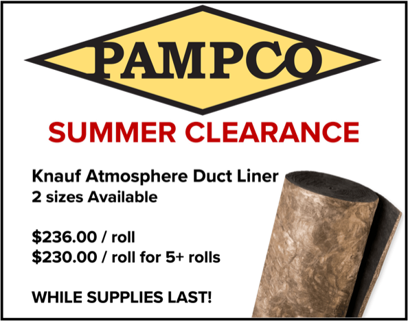 PAMPCO1911's tweet photo. ATTN HVAC CONTRACTORS! ATMOSPHERE® DUCT LINER – 
Excellent sound absorption, temperature control and energy conservation in sheet metal ducts — this liner does it all. 2 sizes available 1-1/2”x68”x50’ or 1” x 68” x 100’. ! Summer Clearance at all PAMPCO locations. https://t.co/HSiQ5BAVcW