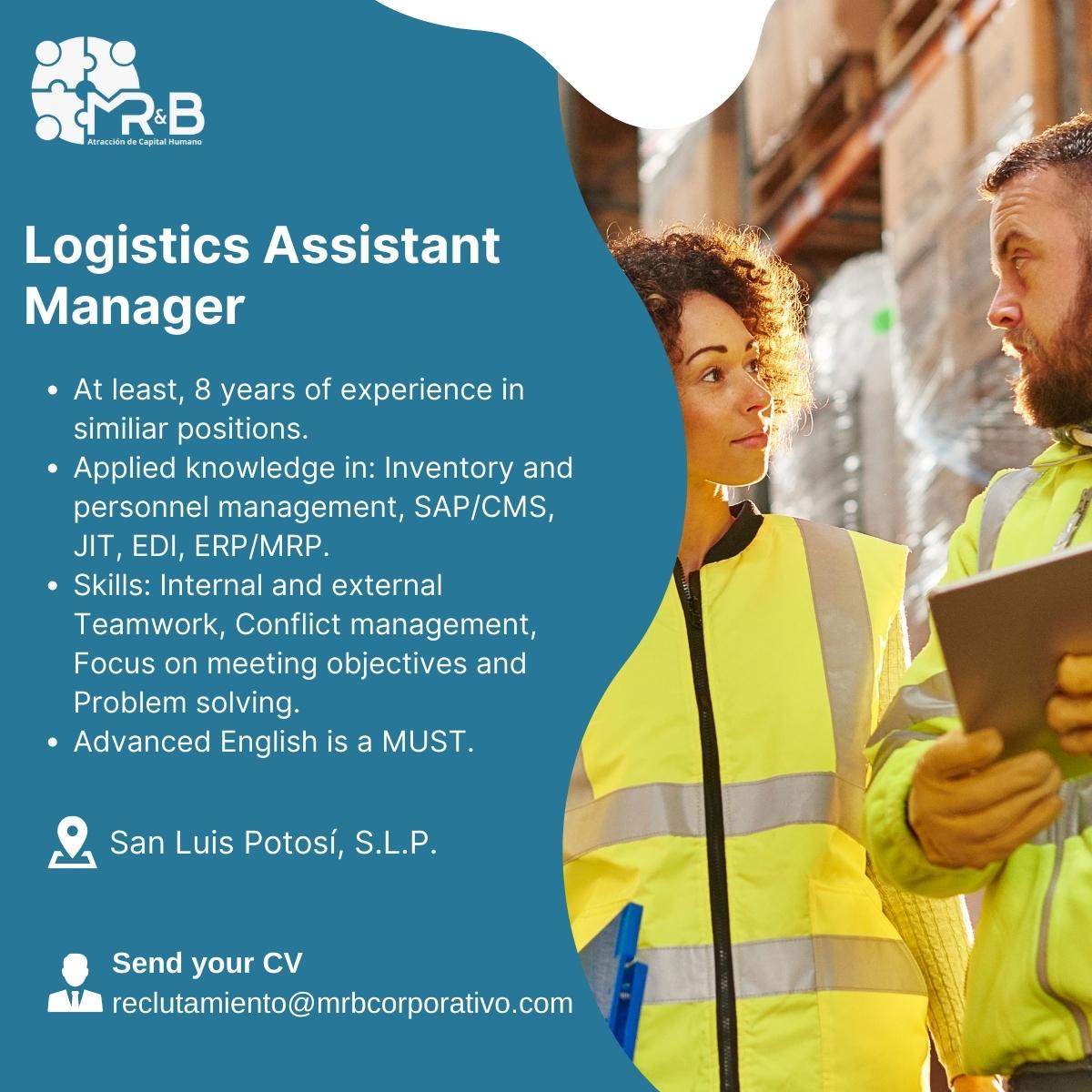 MRBAtraccion's tweet photo. MR&amp;B requests a Logistics Assistant Manager for automotive industry in #SanLuisPotosí.

Send us your #CV to reclutamiento@mrbcorporativo.com

#vacantes #empleo #MRB #Reclutamientoyseleccion #Reclutamiento #Headhunting #atracción #talento #interviewjob #hiring #capitalhumano https://t.co/2aVQK3nN7e