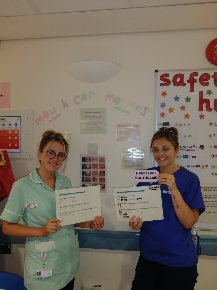 Jen and yasmin launching our mouth care matters initiative👍👍👍. Trying out different ideas to improve our patients oral hygiene. Fantastic to see these new ideas coming from the staff. 👏👏👏