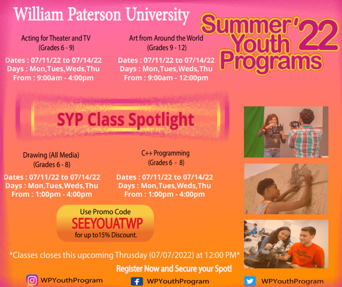 WP Youth Programs (@wpyouthprograms) on Twitter photo Nothing to do this Summer? Come join us and we will guarantee you a learning and fun experience!
Don't forget to use our PROMO code for a 15% discount.
Learn more: rb.gy/7kpzda
Contact us at youthprograms@wpunj.edu or call us at 973-720-3698 Nothing to do this Summer? Come join us and we will guarantee you a learning and fun experience!
Don't forget to use our PROMO code for a 15% discount.
Learn more: rb.gy/7kpzda
Contact us at youthprograms@wpunj.edu or call us at 973-720-3698