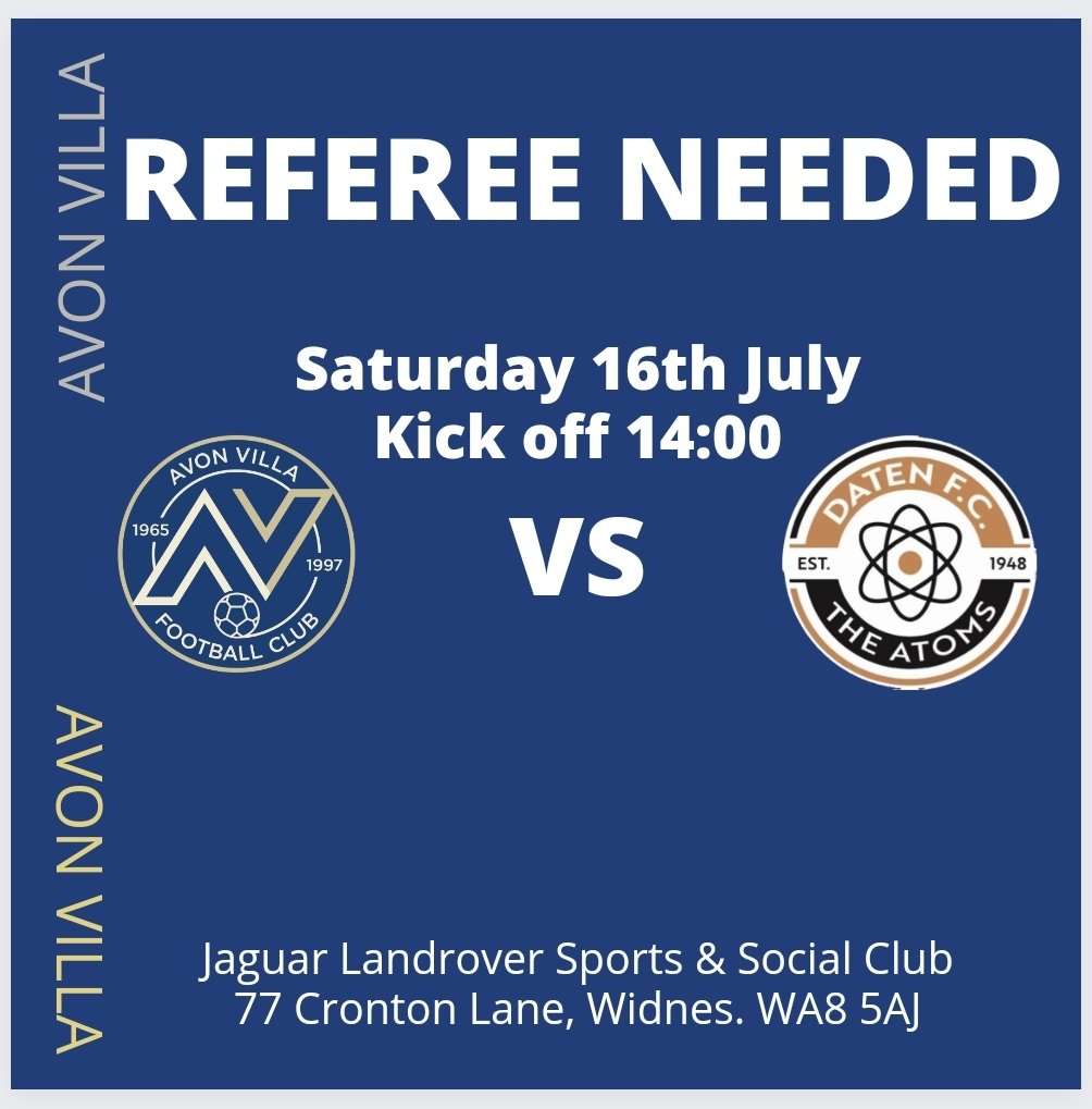 Halton Farnworth Hornets FC (@hfhfc_openage) on Twitter photo @AvonVillaFC are still looking for a referee 16th July, 2pm Kick off.
<a href="/CheshireFL/">Cheshire Football League ⚽️</a> <a href="/LFARefs/">Lancashire FA Referees</a> <a href="/Cheshire_FA/">Cheshire Football Association</a> <a href="/Referee/">Referee</a> <a href="/grassrootsrefr1/">Grassroot’s Referee</a> @AvonVillaFC are still looking for a referee 16th July, 2pm Kick off.
<a href="/CheshireFL/">Cheshire Football League ⚽️</a> <a href="/LFARefs/">Lancashire FA Referees</a> <a href="/Cheshire_FA/">Cheshire Football Association</a> <a href="/Referee/">Referee</a> <a href="/grassrootsrefr1/">Grassroot’s Referee</a>