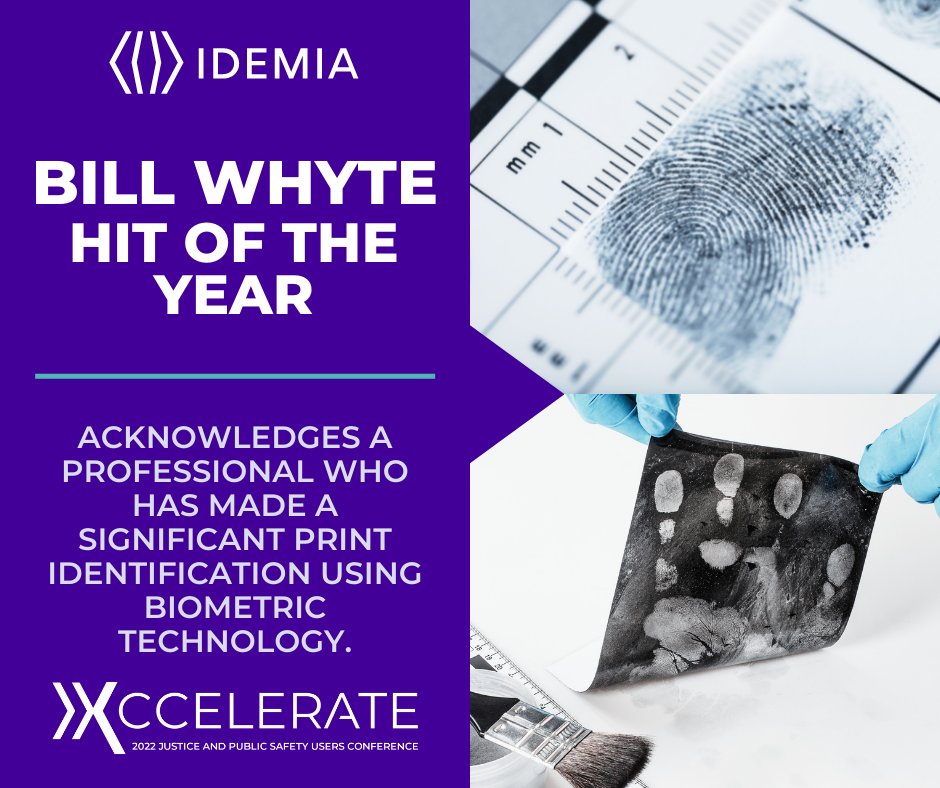 Idemia_NA's tweet image. This year’s #IDEMIAUsersConference will feature 4 awards presented to people YOU nominate. First off, our Bill Whyte Latent Hit of the Year acknowledges work with print identification using biometric technology. 

Nominate here: bit.ly/3HFHMyc 

#forensic #biometrics