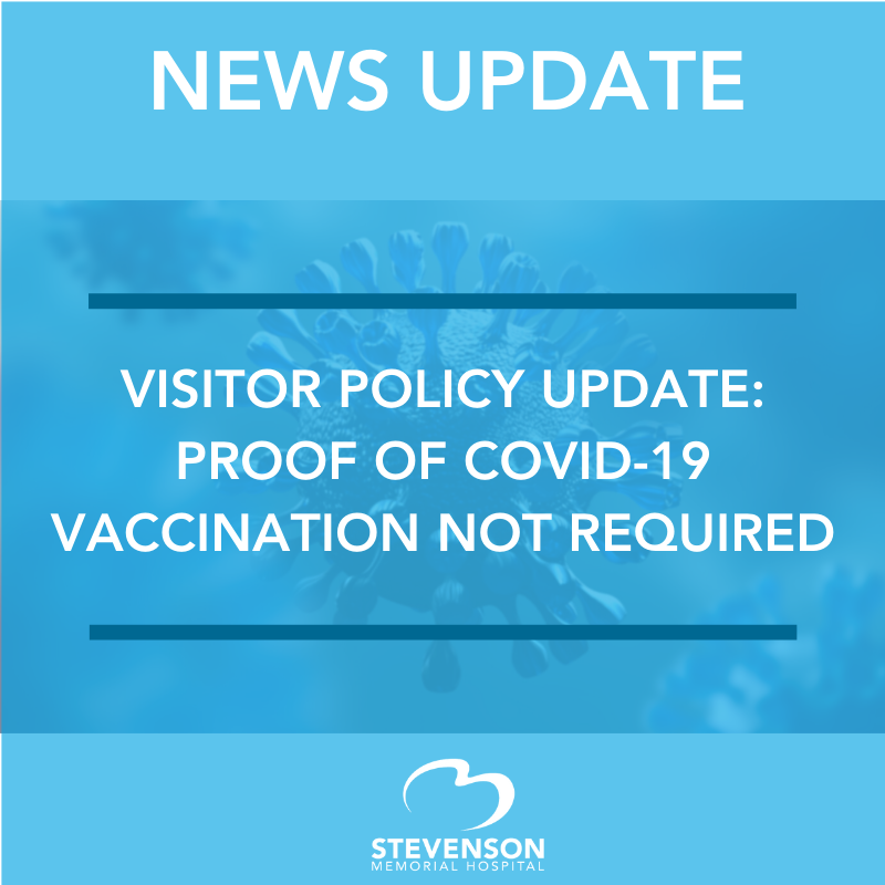 StevensonHosp's tweet photo. NEWS UPDATE: Effective immediately, proof of COVID-19 vaccination is no longer required by visitors of SMH. 
Active screening is still in place and all patients, visitors and supports are required to wear a mask provided by the hospital. 
Thank you for your understanding. https://t.co/lRSxIIpNpp