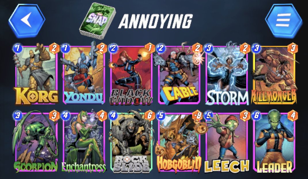 Digtin's tweet image. My Annoying Deck. Been doing great with it. May have something to do with the season reset but are 10-game win streaks a fluke? #MarvelSNAP